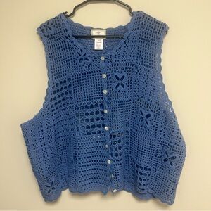 Susan Bristol crochet knit blue floral button up cardigan sleeveless size 2W